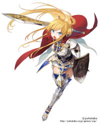 Rule 34 | 1girl, angry, armor, attack, bad id, bad pixiv id, blonde hair, blue eyes, breastplate, cape, charging forward, full body, gauntlets, greaves, hair bun, holding, holding sword, holding weapon, incoming attack, long hair, noco (adamas), open mouth, pauldrons, running, shield, shoulder armor, simple background, single hair bun, skirt, solo, sword, sword of phantasia, thighhighs, v-shaped eyebrows, watermark, weapon, web address, zettai ryouiki
