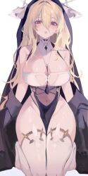 Rule 34 | 1girl, absurdres, azur lane, between breasts, blonde hair, breasts, cheridaifuku, fake horns, habit, highres, horns, implacable (azur lane), large breasts, long bangs, long hair, looking at viewer, nun, pelvic curtain, red eyes, revealing clothes, simple background, solo, thighhighs, two-tone dress, veil, very long hair, white background, white horns, white thighhighs