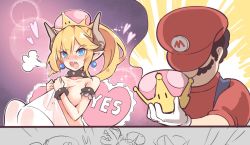 Rule 34 | 1boy, 1girl, :o, angry, armlet, bed sheet, black hair, blonde hair, blue eyes, blush, bowsette, bracelet, breasts, collar, commentary, covering breasts, covering privates, crown, earrings, facial hair, gloves, hat, heart, heart-shaped pillow, hm (hmongt), holding, holding crown, horns, jewelry, large breasts, long hair, mario, mario (series), mustache, new super mario bros. u deluxe, nintendo, nude, pillow, pointy ears, ponytail, red hat, religious offering, sheet grab, spiked armlet, spiked bracelet, spiked collar, spikes, super crown, tsundere, white gloves, yes-no pillow