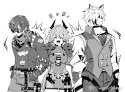 021wegtdjkruhwg 1girl 2boys ^_^ arm_behind_back belt breasts caesar_king_(zenless_zone_zero) closed_eyes commentary_request fur_trim furry furry_male gloves greyscale hair_between_eyes hair_over_one_eye hands_on_own_hips highres horns jacket lighter_(zenless_zone_zero) monochrome multiple_boys open_mouth pants scarf shirt simple_background skirt sunglasses sweat tail twitter_username von_lycaon wolf_boy zenless_zone_zero