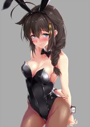 Rule 34 | 1girl, ahoge, animal ears, arms behind back, bare shoulders, black hairband, black leotard, blue eyes, blush, braid, breasts, brown hair, brown pantyhose, cleavage, closed mouth, cowboy shot, detached collar, fake animal ears, gluteal fold, grey background, groin, hair flaps, hair ornament, hair over shoulder, hair tie, hairband, hairpin, hand on own arm, kantai collection, leotard, long hair, looking at viewer, marisasu (marisa0904), medium breasts, nose blush, pantyhose, playboy bunny, rabbit ears, raised eyebrows, shigure (kancolle), shigure kai ni (kancolle), simple background, single braid, smile, solo, standing, strapless, strapless leotard, wrist cuffs