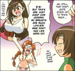 Rule 34 | 1990s (style), 3girls, aerith gainsborough, angry, bare shoulders, blush, braid, breast envy, breast lift, breast press, breast rest, breasts, brown eyes, brown hair, cleavage, comic, earrings, english text, closed eyes, final fantasy, final fantasy vii, fingerless gloves, gloves, green eyes, hair ribbon, hard-translated, jewelry, large breasts, long hair, multiple girls, ookura kazuya, open mouth, panties, pink panties, pointing, retro artstyle, ribbon, short hair, sleeveless, sleeveless turtleneck, square enix, sweatdrop, third-party edit, tifa lockhart, topless, translated, turtleneck, underwear, yuffie kisaragi