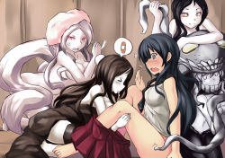 Rule 34 | &gt; &lt;, 10s, 463 jun, 5girls, @ @, abyssal ship, agano (kancolle), anger vein, armored aircraft carrier princess, bandaid, barefoot, battleship princess, black eyes, black hair, blush, breasts, cleavage, closed eyes, clothes pull, flying sweatdrops, grey hair, highres, horns, kantai collection, large breasts, long hair, medium breasts, multiple girls, no panties, nude, orange eyes, pale skin, red eyes, ru-class battleship, skin-covered horns, skirt, skirt pull, sleeveless, spoken object, sweatdrop, tears, thigh strap, towel, white eyes, wo-class aircraft carrier