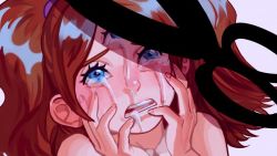 Rule 34 | 1girl, blue eyes, brown hair, charlotte pudding, crying, crying with eyes open, extra ears, one piece, rita ya, scissors, solo, tears, third eye, twintails