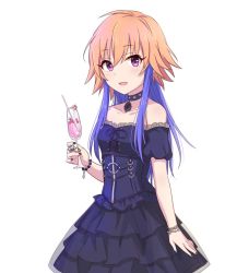 Rule 34 | 1girl, 2 nostg, bare shoulders, black nails, blue dress, blue hair, blush, bracelet, breasts, brown hair, choker, corset, cup, dress, drinking glass, drinking straw, holding, holding cup, idolmaster, idolmaster cinderella girls, jewelry, long hair, looking at viewer, multicolored hair, nail polish, ninomiya asuka, off-shoulder dress, off shoulder, open mouth, purple eyes, small breasts, smile, solo