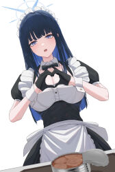 1girl absurdres alternate_costume apron black_gloves blue_archive blue_eyes blue_hair blue_halo blunt_bangs breasts can canned_food cleavage colored_inner_hair gloves halo heart heart_hands highres large_breasts maid maid_apron multicolored_hair no_mask open_mouth pige_pig puffy_short_sleeves puffy_sleeves saori_(blue_archive) short_sleeves simple_background solo straight_hair teeth upper_teeth_only white_apron white_background white_wrist_cuffs wrist_cuffs