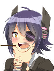Rule 34 | 10s, 1girl, admiral (kancolle), blush, blush stickers, commentary request, eyepatch, feeding, force-feeding, gloves, hand on another&#039;s face, headgear, highres, kantai collection, ochazuke, open mouth, personification, pocky, purple hair, short hair, solo focus, tears, tenryuu (kancolle), trembling, yellow eyes