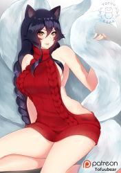 Rule 34 | 1girl, absurdres, ahri (league of legends), alternate costume, alternate hairstyle, animal ears, aran sweater, ass, backless dress, backless outfit, bare shoulders, black hair, blush, braid, breasts, cable knit, dress, facial mark, female focus, fox ears, fox tail, halterneck, highres, large breasts, league of legends, long hair, looking at viewer, meme attire, multiple tails, naked sweater, no bra, no panties, open mouth, patreon logo, patreon username, red dress, red sweater, ribbed sweater, simple background, sitting, sleeveless, sleeveless turtleneck, smile, solo, sweater, sweater dress, tail, tofuubear, turtleneck, turtleneck sweater, virgin killer sweater, watermark, whisker markings, white background, yellow eyes