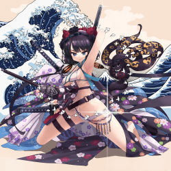 Rule 34 | 1girl, absurdres, arm up, armpits, bikini, blue eyes, breasts, closed mouth, commentary, diffraction spikes, fate/grand order, fate (series), floral print, goggles, goggles on head, highres, holding, holding behind back, holding sword, holding weapon, katana, katsushika hokusai (fate), katsushika hokusai (swimsuit saber) (fate), kneeling, looking at viewer, medium breasts, mount fuji, multiple swords, navel, o-ring, o-ring bikini, holding behind back, octopus, oshiri seijin, purple hair, shadow, short hair, smile, solo, splashing, string bikini, swimsuit, sword, thigh strap, waist cape, waves, weapon, white bikini