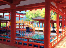 Rule 34 | bridge, day, falling leaves, fish, lantern, leaf, no humans, original, outdoors, pond, railing, scenery, shrine, toichi (ik07), torii