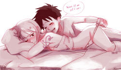 Rule 34 | 1boy, 1girl, ass, black hair, blush, couple, highres, humor, imminent penetration, lying, monkey d. luffy, morning, nami (one piece), navel, on stomach, one eye closed, one piece, panties, pillow, pulling another&#039;s clothes, pulling panties down, scar, short hair, tattoo, thighs, underwear, waking up, zantinaa