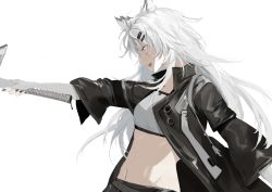 Rule 34 | 1girl, abs, animal ears, arknights, bandeau, black jacket, breasts, chinese commentary, cowboy shot, elbow gloves, fangs, from side, gloves, grey eyes, grey gloves, hair between eyes, hair ornament, hairclip, highres, jacket, lappland (arknights), long hair, medium breasts, meng ziya, messy hair, midriff, navel, open clothes, open jacket, open mouth, outstretched arm, profile, scar, scar across eye, scar on face, silver hair, simple background, smile, solo, strapless, sword, toned, tube top, weapon, white background, wide sleeves, wolf ears