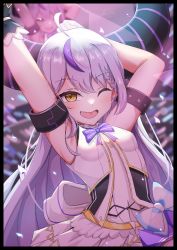 Rule 34 | 1girl, ;d, absurdres, ahoge, arm up, armpits, blush, commentary request, fang, hashira 14, highres, hololive, la+ darknesss, long hair, looking at viewer, multicolored hair, one eye closed, open mouth, purple hair, smile, solo, streaked hair, virtual youtuber, white hair, yellow eyes