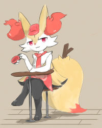 Rule 34 | 1girl, :3, absurdres, animal ear fluff, animal ears, animal feet, animal nose, apron, black fur, body fur, braixen, brown background, cabbie hat, closed mouth, clothed pokemon, creatures (company), crossed legs, cup, feet, female focus, flat chest, fox ears, fox girl, fox tail, full body, furry, furry female, game freak, gen 6 pokemon, half-closed eyes, hand up, happy, hat, highres, holding, holding cup, legs, looking at viewer, multicolored fur, necktie, nintendo, on stool, poke ball symbol, poke ball theme, pokemon, pokemon (creature), pokemon cafe remix, red apron, red eyes, red hat, red necktie, san (sanchimpo), simple background, sitting, sketch, smile, solo, stick, table, tail, teacup, waist apron, white fur, wooden floor, yellow fur