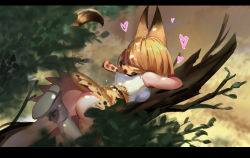 Rule 34 | 10s, 1girl, absurdres, animal ears, ass, bare arms, bare shoulders, branch, day, elbow gloves, from behind, full body, gloves, heart, high-waist skirt, highres, in tree, kemono friends, kirby (series), kirbyheimi, leaf, letterboxed, lying, nature, nintendo, no panties, on stomach, outdoors, serval (kemono friends), serval print, serval tail, shirt, sitting, sitting in tree, skirt, sleeveless, sleeveless shirt, solo, striped tail, tail, thighhighs, tree, branch, upskirt