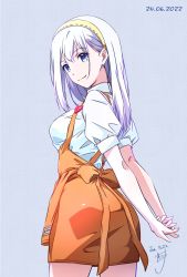 Rule 34 | 1girl, arms behind back, blue eyes, breasts, closed mouth, commentary request, dated, hairband, highres, long hair, nii manabu, original, puffy short sleeves, puffy sleeves, shirt, short sleeves, signature, smile, solo, white hair, white shirt, yellow hairband