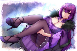 Rule 34 | 1girl, bare shoulders, breasts, cleavage, detached collar, dress, fate/grand order, fate (series), feather trim, hair between eyes, high heels, jewelry, large breasts, legs up, long hair, long sleeves, looking at viewer, pantyhose, pendant, purple dress, purple hair, purple pantyhose, red eyes, scathach (fate), scathach skadi (fate), shimeno puni, sitting, solo, tiara