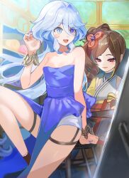 Rule 34 | 2girls, :d, alternate costume, bare arms, bare legs, bare shoulders, blue dress, blue eyes, blue hair, brown hair, chiori (genshin impact), commentary request, dress, furina (genshin impact), garter straps, genshin impact, grey kimono, hand up, highres, japanese clothes, kimono, long hair, multiple girls, open mouth, pelvic curtain, popo (mochimai275642), revision, side ponytail, sitting, smile, strapless, strapless dress, thigh strap, thighs, very long hair, wrist cuffs