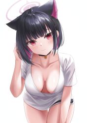 Rule 34 | 1girl, absurdres, animal ears, black choker, black hair, black shorts, blue archive, blunt bangs, blush, breasts, cat ears, cat girl, choker, cleavage, closed mouth, collarbone, colored inner hair, downblouse, halo, hand up, hanging breasts, highres, kazusa (blue archive), large breasts, leaning forward, looking at viewer, multicolored hair, no bra, pendant choker, pink eyes, pink hair, shira jun, shirt, short hair, short shorts, shorts, simple background, solo, thighs, two-tone hair, white background, white shirt