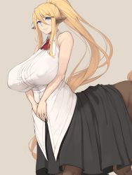 Rule 34 | 1girl, animal ears, bare arms, black skirt, blonde hair, blue eyes, breasts, centaur, centorea shianus, closed mouth, covered erect nipples, grey background, hair between eyes, highres, horse ears, huge breasts, light smile, long hair, long skirt, metal owl (aden12), monster girl, monster musume no iru nichijou, own hands together, pointy ears, ponytail, red neckwear, shirt, sidelocks, simple background, skirt, sleeveless, sleeveless shirt, solo, standing, taur, very long hair, white shirt