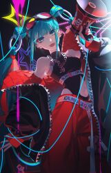 Rule 34 | 1girl, 39, :d, absurdres, baggy pants, bare shoulders, black jacket, black shirt, blue eyes, blue hair, blush, chain necklace, clothing cutout, commentary, cowboy shot, ear piercing, eyeshadow, fangs, goggles, goggles on head, hatsune miku, head tilt, highres, holding, holding megaphone, jacket, jewelry, long bangs, long hair, long sleeves, looking at viewer, magical mirai (vocaloid), magical mirai miku, magical mirai miku (2023), makeup, megaphone, navel, navel cutout, necklace, nyansky, o-ring, off shoulder, open clothes, open jacket, open mouth, pants, piercing, quilted jacket, red eyeshadow, red pants, shirt, sleeveless, sleeveless shirt, smile, solo, stomach, twintails, vocaloid