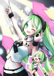 Rule 34 | &gt; &lt;, 1girl, :d, absurdres, ageage again (vocaloid), arm up, arrow (symbol), belt, blush, chibi, crop top, dancing, detached collar, digital dissolve, green eyes, green hair, hatsune miku, highres, long hair, midriff, nagitofuu, nail polish, navel, ok sign, one eye closed, open mouth, pointing, pointing up, shorts, smile, sparkle, stage lights, strapless, tube top, twintails, very long hair, vocaloid, wrist cuffs