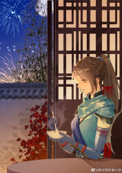 Rule 34 | 1girl, absurdres, aerial fireworks, bamboo, bowl, brown hair, chinese clothes, closed mouth, elbow gloves, fireworks, gloves, hair tie, highres, holding, holding bowl, holding spoon, hua jianghu zhi bei mo ting, ji ruxue (hua jianghu), looking down, lu wei zong, moon, night, open door, ponytail, sash, second-party source, solo, spoon, steam, table, two-tone dress, upper body