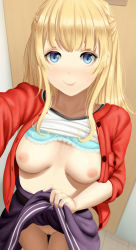 Rule 34 | 1girl, blonde hair, blue bra, blue eyes, bra, bra lift, breasts, cardigan, cleft of venus, closed mouth, clothes lift, cowboy shot, dkoro, fang, fang out, highres, indoors, lifting own clothes, long hair, looking at viewer, nipples, no panties, open cardigan, open clothes, purple skirt, pussy, red cardigan, saenai heroine no sodatekata, sawamura spencer eriri, shirt, shirt lift, skin fang, skirt, skirt lift, small breasts, smile, solo, standing, thigh gap, underwear, white shirt