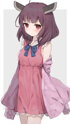Rule 34 | 1girl, ahoge, bare shoulders, blue bow, blue bowtie, blunt bangs, bow, bowtie, brown eyes, brown hair, commentary, cowboy shot, dress, expressionless, grey background, highres, jacket, light blush, long sleeves, looking at viewer, medium hair, off shoulder, open clothes, open jacket, pink jacket, red dress, shone, short dress, simple background, sleeveless, sleeveless dress, solo, touhoku kiritan, voiceroid