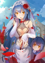 Rule 34 | 2girls, blue hair, blush, breasts, bridal gauntlets, cleavage, day, dress, flower, girls&#039; frontline, hair flower, hair ornament, highres, jewelry, large breasts, long hair, mother and daughter, multiple girls, orange eyes, petals, ring, rose, tar-21 (girls&#039; frontline), veil, wedding dress, wedding ring, yueqin (monnpiano)
