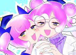 Rule 34 | 2girls, :3, blue background, blush, cheek-to-cheek, double bun, dual persona, furrowed brow, green eyes, hair bun, hair ornament, half-closed eyes, hat, heads together, highres, holding hands, id card, lab coat, long hair, looking at viewer, marutsubo, monster girl, mortarboard, multiple girls, open mouth, outline, pink hair, portrait, puniru (puniru wa kawaii slime), puniru wa kawaii slime, purple eyes, raised eyebrows, ribbed sweater, round eyewear, signature, sleeves past fingers, sleeves past wrists, slime (substance), slime girl, star (symbol), star hair ornament, sweater, translation request, turtleneck, turtleneck sweater, twintails, two-tone eyes, white outline