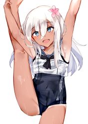 Rule 34 | 1girl, absurdres, black neckerchief, black one-piece swimsuit, blonde hair, blue eyes, blue sailor collar, commentary request, cowboy shot, crop top, flower, hair between eyes, hair flower, hair ornament, highres, kantai collection, looking at viewer, miyasaka miyabi, neckerchief, one-piece swimsuit, one-piece tan, ro-500 (kancolle), sailor collar, school swimsuit, shirt, simple background, sleeveless, sleeveless shirt, smile, solo, split, standing, standing on one leg, standing split, swimsuit, swimsuit under clothes, tan, tanline, white background