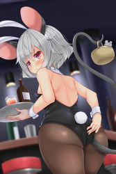 Rule 34 | 1girl, absurdres, alternate costume, animal, animal ears, ass, back, bare arms, bare shoulders, black pantyhose, blurry, blurry background, blush, bottle, breasts, closed mouth, commentary request, cup, daichi (tokoya), detached collar, drinking glass, fake animal ears, from behind, grey hair, hair between eyes, hairband, highres, holding, ice, ice cube, indoors, leotard, looking at viewer, looking back, mouse (animal), mouse ears, mouse tail, nazrin, pantyhose, playboy bunny, rabbit ears, rabbit tail, red eyes, small breasts, solo, standing, sweatdrop, tail, tail raised, touhou, tray, white hairband, wide hips, wrist cuffs