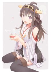 Rule 34 | 10s, 1girl, ahoge, bad id, bad pixiv id, bare shoulders, blush, boots, brown hair, detached sleeves, double bun, hair ornament, hairband, headgear, japanese clothes, kantai collection, kokotetsu, kongou (kancolle), long hair, open mouth, personification, skirt, smile, solo, tea, thigh boots, thighhighs, wide sleeves