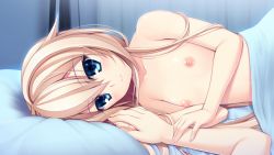 Rule 34 | 1girl, asami asami, bed, blonde hair, blue eyes, blush, collarbone, curtains, fingernails, flat chest, game cg, gradient background, highres, holding hands, kurashiki azusa, long fingernails, long hair, looking at viewer, lying, nipples, nude, on side, pillow, pretty x cation 2, smile, solo focus, under covers, upper body