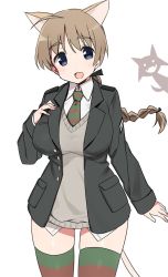 Rule 34 | 1girl, animal ears, black jacket, black ribbon, blazer, blue eyes, braid, breasts, brown hair, brown neckwear, brown thighhighs, cat ears, cat tail, commentary, cowboy shot, dress shirt, green neckwear, green thighhighs, grey sweater, hair ribbon, hand on own chest, highres, insignia, jacket, large breasts, long hair, looking at viewer, lynette bishop, miyafuji yoshika, multicolored clothes, multicolored legwear, multicolored neckwear, multicolored stripes, no pants, open clothes, open jacket, open mouth, ribbon, shirt, shisoneri, silhouette demon, simple background, single braid, smile, standing, strike witches, striped clothes, striped neckwear, striped thighhighs, sweater, sweater vest, tail, thighhighs, v-neck, white background, white shirt, wing collar, world witches series