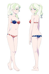 Rule 34 | 1girl, american flag bikini, american flag print, ass, bikini, blonde hair, blue eyes, blush, breasts, butt crack, cleavage, closed mouth, diana cavendish, feet, flag print, from behind, full body, highres, little witch academia, looking at viewer, looking back, looking to the side, multiple views, navel, ponytail, print bikini, satochi, shoulder blades, simple background, small breasts, standing, swimsuit, white background