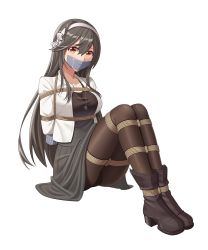Rule 34 | 1girl, absurdres, anchor necklace, arms behind back, bdsm, black footwear, black hair, black pantyhose, black shirt, bondage, boots, bound, bound ankles, bound arms, bound legs, breast bondage, duct tape, gag, gagged, grey skirt, hairband, haruna (kancolle), highres, improvised gag, jacket, jewelry, kantai collection, long hair, long sleeves, medium skirt, necklace, official alternate costume, pantyhose, rope, shibari, shibari over clothes, shirt, sitting, skirt, solo, tape, tape gag, taped hands, white hairband, white jacket, wo cao xiao
