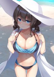 Rule 34 | 1girl, :3, amakarashi, beach, bikini, black bikini, blue bikini, blue eyes, breasts, brown hair, cleavage, closed mouth, collarbone, commission, gluteal fold, hair between eyes, hat, highres, large breasts, long hair, looking at viewer, navel, original, outdoors, pixiv commission, revision, shirt, smug, solo, stomach, summer, sun hat, swimsuit, thigh gap, white hat, white shirt