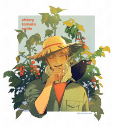 Rule 34 | 1boy, absurdres, adam parrish, bird, blonde hair, blue eyes, catbishonen, chainsaw (the raven cycle), cherry tomato, closed eyes, covering own mouth, cropped torso, crow, english text, freckles, hand over own mouth, hat, highres, male focus, plant, short hair, smile, solo, straw hat, the raven cycle, tomato, towel, towel around neck