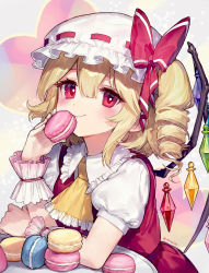 Rule 34 | 1girl, ainy, alternate hairstyle, ascot, blonde hair, blush, closed mouth, commentary request, drill hair, flandre scarlet, food, hat, looking at viewer, macaron, mob cap, puffy short sleeves, puffy sleeves, red eyes, revision, short hair, short sleeves, side ponytail, smile, touhou, upper body, wings, wrist cuffs, yellow ascot