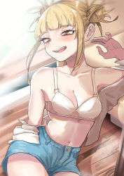 Rule 34 | 1girl, absurdres, bare shoulders, blonde hair, blue shorts, blunt bangs, blush, boku no hero academia, bra, breasts, brown eyes, cleavage, collarbone, cowboy shot, double bun, hair bun, highres, looking at viewer, messy hair, midriff, navel, open clothes, open mouth, open shirt, shirt partially removed, short hair with long locks, short shorts, shorts, sidelocks, sitting, solo, toga himiko, underwear, white bra, zd (pixiv6210083)