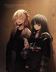 Rule 34 | 2girls, absurdres, alternate costume, black hair, black hoodie, black shirt, blonde hair, cellphone, character name, closed eyes, closed mouth, commentary request, cowboy shot, earphones, english text, hair ribbon, highres, holding, holding phone, hood, hood down, hoodie, inoue takina, long hair, looking at phone, lycoris recoil, multiple girls, open mouth, phone, purple eyes, red ribbon, ribbon, shared earphones, shirt, short hair, smartphone, standing, yufeng kaete