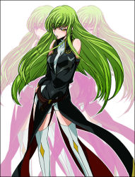 Rule 34 | 1girl, bare shoulders, c.c., code geass, dalc rose, detached sleeves, female focus, green hair, long hair, military, military uniform, shorts, solo, thighhighs, uniform, yellow eyes