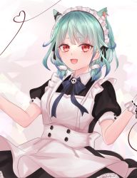 Rule 34 | 1girl, :d, ahoge, alternate costume, animal ears, apron, aqua hair, blue hair, blush, cat ears, collared shirt, colored tips, ear piercing, enmaided, extra ears, fang, heart, heart of string, highres, hololive, kikuha kobeni, looking at viewer, low twintails, maid, maid apron, maid headdress, medium hair, multicolored hair, open mouth, piercing, puffy short sleeves, puffy sleeves, red eyes, shirt, short sleeves, short twintails, smile, solo, twintails, uruha rushia, virtual youtuber, white apron, wrist cuffs