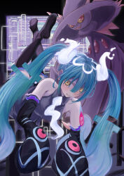Rule 34 | 1girl, absurdres, aqua hair, black thighhighs, collared shirt, creatures (company), floating, game freak, gen 4 pokemon, ghost, ghost miku (project voltage), glitch, gradient hair, grey shirt, hatsune miku, highres, legs up, long hair, looking at viewer, mismagius, multicolored hair, necktie, nintendo, no renor en, pokemon, pokemon (creature), project voltage, shirt, skirt, sleeves past fingers, sleeves past wrists, thighhighs, twintails, very long hair, vocaloid, will-o&#039;-the-wisp (mythology), yellow eyes