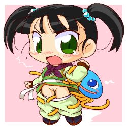 Rule 34 | 1girl, aliasing, assisted exposure, black hair, blush, chibi, cleft of venus, dragon quest, dragon quest iii, female focus, fighter (dq3), green eyes, hair bobbles, hair ornament, healslime, lowres, molestation, open mouth, pussy, shinogo~, short hair, short twintails, slime (dragon quest), solo, square enix, tentacles, twintails, uncensored