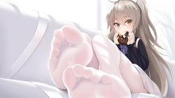 Rule 34 | 1girl, :t, ahoge, ascot, black shirt, brown hair, commentary request, couch, doughnut, eating, feet, food, foot focus, frilled sleeves, frills, girls&#039; frontline, head tilt, highres, holding, holding food, long hair, long sleeves, looking at viewer, miniskirt, nekoda (maoda), official alternate costume, on couch, one side up, pantyhose, purple ascot, scar, scar across eye, scar on face, shirt, sitting, skirt, soles, solo, toes, ump45 (agent lop rabbit) (girls&#039; frontline), ump45 (girls&#039; frontline), very long hair, white pantyhose, white skirt, yellow eyes