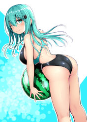 Rule 34 | 1girl, alternate costume, aqua eyes, aqua hair, ass, black one-piece swimsuit, breasts, competition swimsuit, hair ornament, hairclip, highleg, highleg swimsuit, highres, kantai collection, kuromayu, large breasts, long hair, one-piece swimsuit, one eye closed, solo, suzuya (kancolle), swimsuit