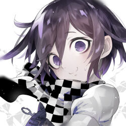 Rule 34 | 1boy, arm belt, belt, black scarf, chain, checkered clothes, checkered scarf, closed mouth, commentary request, danganronpa (series), danganronpa v3: killing harmony, dated, hair between eyes, head tilt, jacket, light blush, light particles, long sleeves, male focus, nervous smile, oma kokichi, purple eyes, purple hair, scarf, short hair, signature, simple background, smile, solo, sweatdrop, two-tone scarf, u u ki u u, upper body, white background, white belt, white jacket, white scarf, white sleeves, wide-eyed